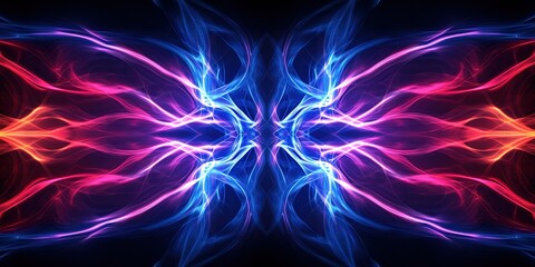 Poster - vibrant abstract design featuring blue and pink light waves intertwining in a symmetrical fashion