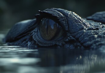 Poster - Close-Up View of a Tortoise Eye Glimmering in Water with Reflections of Surrounding Nature in the Background, Capturing the Beauty of Wildlife
