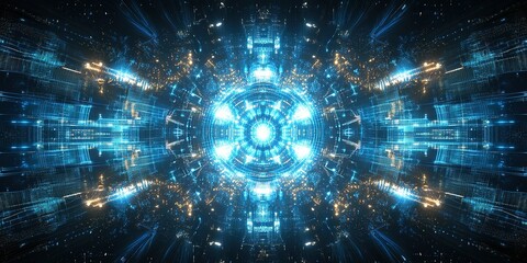 Fototapete - Bright blue abstract technology landscape with glowing patterns and digital connections in a futuristic setting