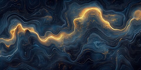 Poster - Abstract artwork featuring swirling patterns and glowing lines in dark blue and gold tones