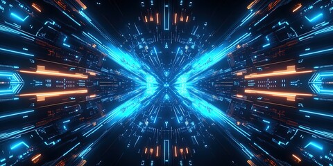 Poster - Futuristic digital landscape showcasing vibrant blue and orange lights in a high-speed tunnel effect during night time