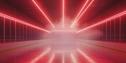 Poster - Red neon lights and fog create a dramatic atmosphere in an ice rink at night