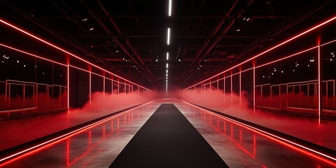 Poster - Vibrant runway design illuminated by red neon lights with fog effects in a modern showcase space