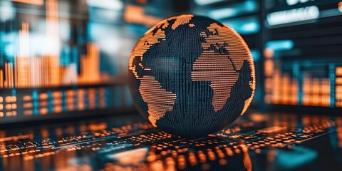 Poster - Digital globe representation overlaid with data analytics visualizations in a futuristic setting