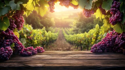 Aufkleber - Golden sunlight filters through grapevines, illuminating a picturesque vineyard rich with vibrant purple grapes. Nature's bounty is ripe for harvest in this serene landscape