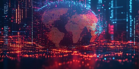 Poster - Digital representation of Earth surrounded by glowing data streams in a futuristic environment at dusk