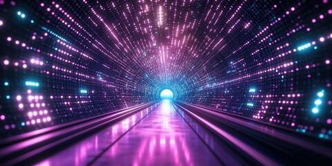 Poster - Colorful tunnel of light creates a futuristic pathway leading to a bright exit point
