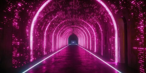Poster - Vibrant pink tunnel illuminated by LED lights creates a mesmerizing visual experience at night