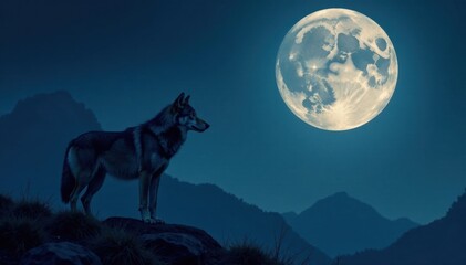  Lone wolf standing under full moon with ears perked up, wild, forest, howling