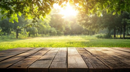 Aufkleber - Golden sunlight streams through leafy branches, casting gentle shadows on a weathered wooden tabletop. A peaceful natural setting invites serenity and reflection in the late afternoon