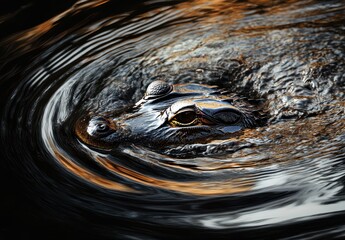 Poster - Close-Up View of Alligator Head Emerging from Dark Water Surface with Swirling Ripples and Natural Reflections, Showcasing Unique Texture and Detail