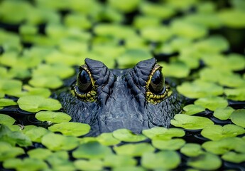 Poster - Close-Up View of Alligator Head Emerging from Green Lily Pads in Serene Pond Environment Capturing Nature's Beauty and Intrigue