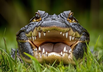Poster - Close-Up View of Alligator Head with Prominent Teeth and Intense Eyes in Natural Habitat Surrounded by Lush Green Grass