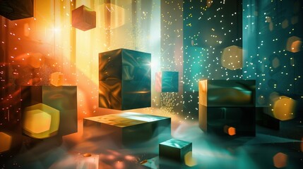 Poster - A surreal image of a product surrounded by impossible geometric shapes and glowing lights.