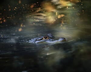 Poster - Close-Up View of Alligator Swimming in Calm Water Surrounded by Reflections and Dappled Light in a Serene Natural Habitat