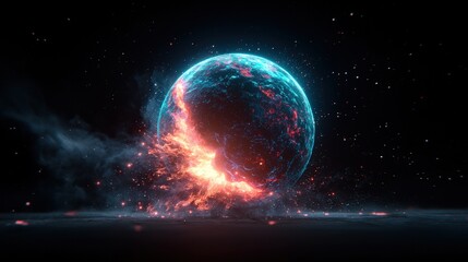 Wall Mural - Glowing cosmic planet with fiery explosion in dark outer space