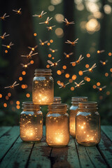 Poster - Decorative glass jars filled with glowing lights attract fireflies in a serene forest during twilight