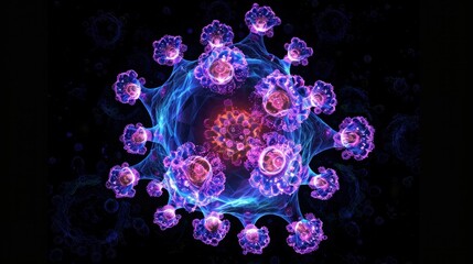Poster - A computer graphic representation of the coronavirus under a microscope.