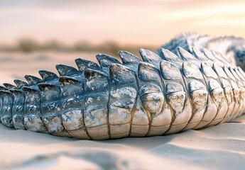 Poster - Close-Up View of Detailed Texture and Scales of a Crocodile Tail on Sandy Beach During Sunset with Soft Warm Lighting