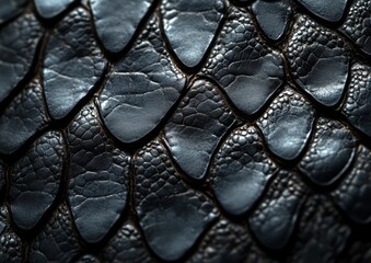 Poster - Close-Up View of Exotic Textured Dark Scales Displaying Unique Patterns and Reflections on a Natural Surface Ideal for Art and Design Projects