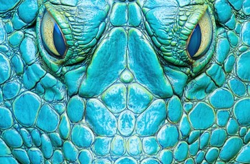 Poster - Close-up View of Intricate Scales of a Vibrant Blue Iguana Highlighting Unique Texture and Striking Eyes Against a Bright Tropical Background
