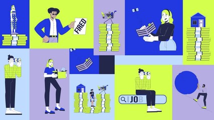 Poster - Unemployment, financial instability and job search animated bento grid layout. Workplace layoff, inflation money problem 2D animation flat cartoon ui collage design. 4K video motion graphic collection