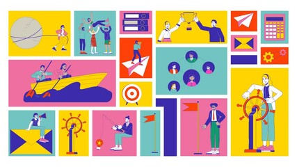 Poster - Business strategy and effective teamwork animated bento grid layout. Corporate success, professional collaboration 2D animation flat cartoon ui collage design. 4K video motion graphic collection