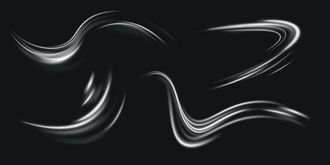 Poster - Set of abstract light lines of movement and speed. Realistic set of snow storm or wind swirls isolated on dark  background.
