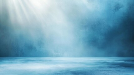 Poster - Soft beams of light illuminate a serene, mist-covered environment, inviting contemplation and creativity in a majestic blue atmosphere. The tranquil space feels otherworldly and peaceful