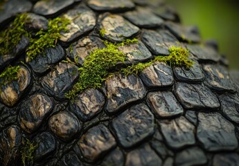 Poster - Close-up View of Textured Turtle Shell Covered in Green Moss and Lichen in Natural Environment with Soft Light Displaying Nature’s Patterns and Colors