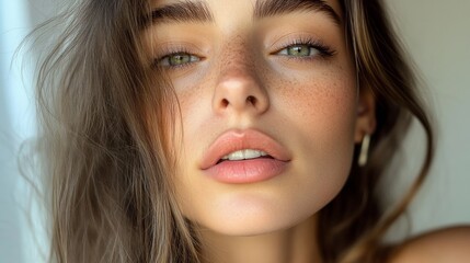 Aufkleber - In a bright indoor setting, a young woman gazes directly at the viewer, showcasing her radiant skin, expressive eyes, and soft features. Natural light enhances her beauty