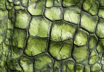 Poster - Close-Up View of Unique Green Textured Surface with Cracks and Irregular Patterns Capturing Nature's Intricate Details and Vibrant Colors