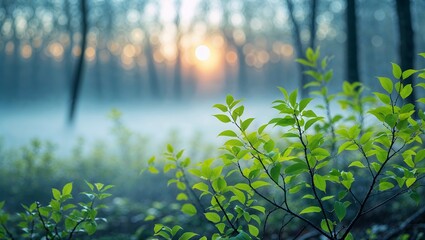 Wall Mural - morning light filters through a serene forest with vibrant green leaves and soft mist in the air