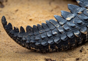 Poster - Close-Up View of Unique Scaled Texture on a Dinosaur-Like Reptilian Tail on Sandy Ground in Natural Habitat