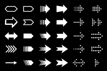 Poster - Big set of arrows, cursors, pointers. Collection of different arrows, different shapes. Arrow Symbols for Web Design. White pointers on black background