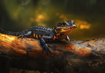 Poster - Colorful Amphibian Resting on a Branch in a Forest Environment Under Soft Ambient Light with Blurred Background