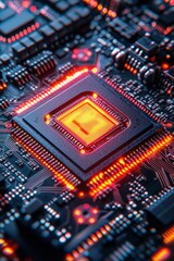Poster - Close-up of a glowing microchip on a vibrant circuit board