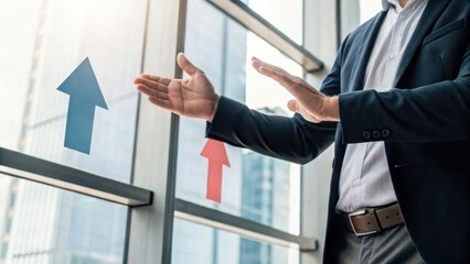 Poster - Visionary Direction: A business professional gestures towards a window adorned with upward arrows, symbolizing growth, progress, and forward momentum.