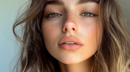 Poster - Soft natural light highlights the features of a young woman with captivating green eyes and freckled skin, creating an inviting and tranquil atmosphere in the cozy space