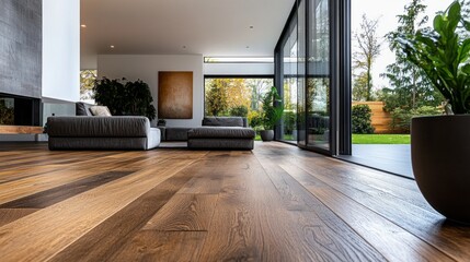 Aufkleber - A contemporary living space showcases a sleek design with comfortable furniture and ample light pouring in from huge glass doors. The view opens to a serene garden filled with greenery