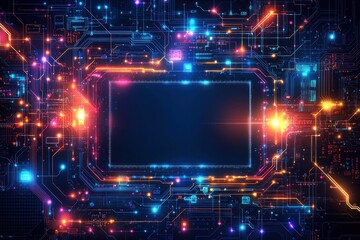 Poster - High-tech neon-lit circuit board close-up with futuristic glowing elements