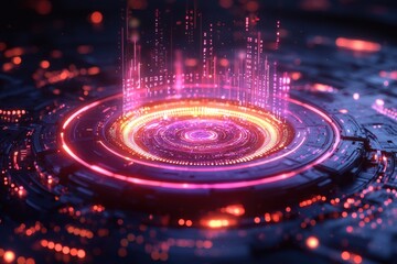 Poster - glowing pink futuristic circles on a dark sci-fi digital interface