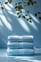Poster - soft blue towels stacked neatly with warm light casting shadows on a serene backdrop in a calming in