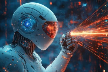 Poster - Futuristic robotic hand emitting laser in a glowing neon technology environment