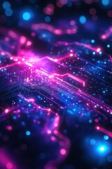 Poster - abstract glowing circuitry pattern in purple and blue neon tones