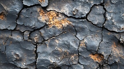 Poster - Close-up view of cracked earth, displaying texture and color variations. Dark Cracked Earth Texture: A Study in Dryness and Erosion