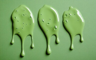 Aufkleber - Three vibrant green paint drops on a white surface creating an artistic and colorful visual appeal