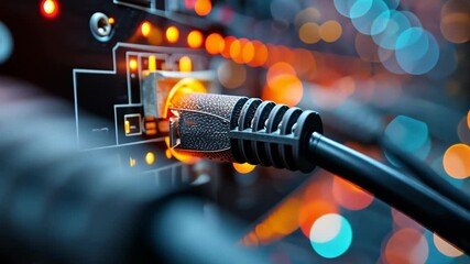 Poster - Cables are connected to a server in a data center, illuminated by vibrant LED lights, showcasing the technology behind data transmission