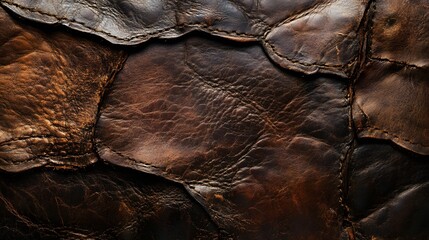 Poster - Close-up view of a vintage brown leather texture. The leather shows signs of age and wear, with various patches and stitching details. Vintage Brown Leather Patched