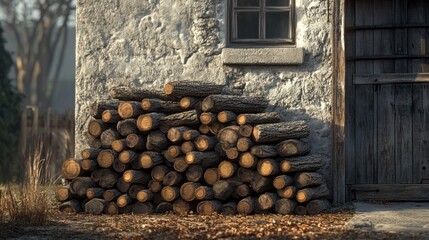 Aufkleber - Log stacks lean against a weathered wall, capturing the warmth of late afternoon light. The scene exudes rustic charm, inviting the viewer into a serene countryside experience